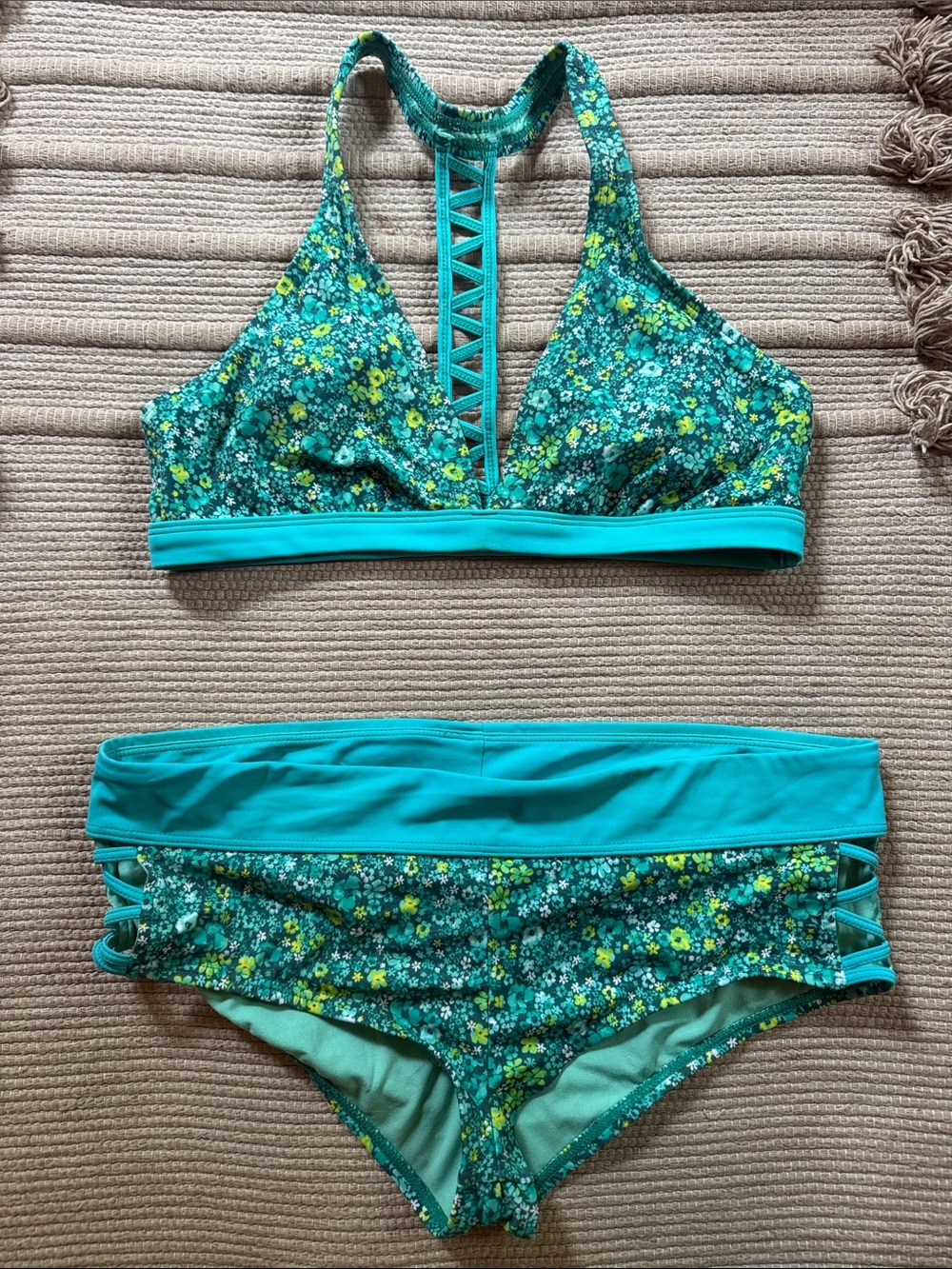 Athleta zahara swim suit bikini  shorts ditsy floral teal turquoise NEW womens L